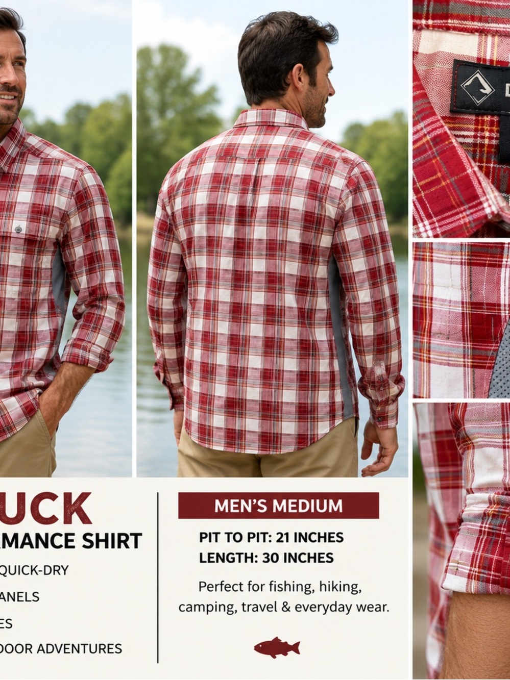 DRI-DUCK Plaid Performance Fishing Shirt Men’s Medium Red Long Sleeve Vented